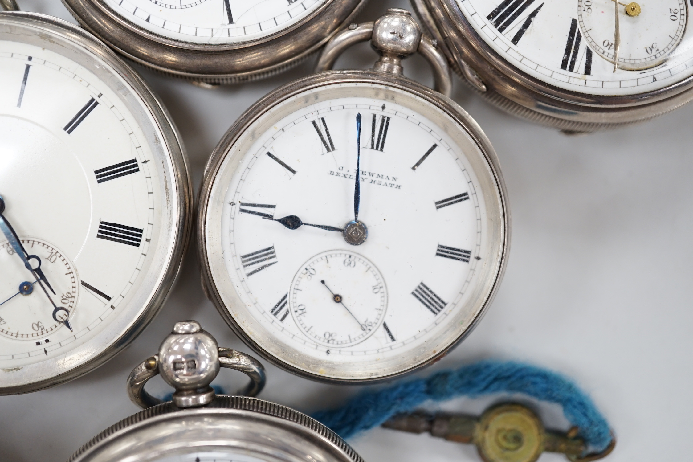 Nine assorted silver or white metal pocket watches including Joseph Stromier and John Forrest.